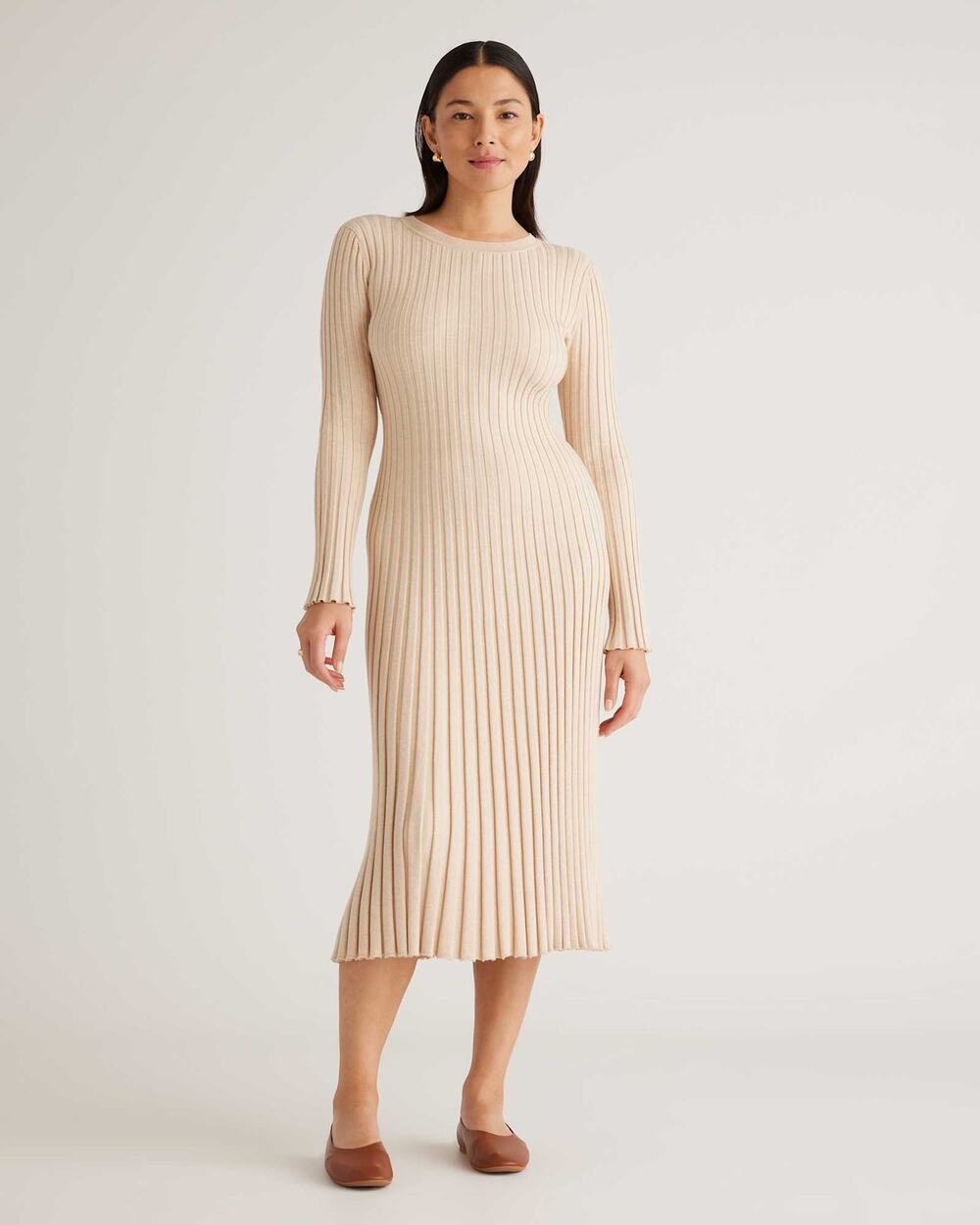 Quince Cotton Cashmere Ribbed Midi Sweater Dress Oatmeal Belted Long Sleeve L